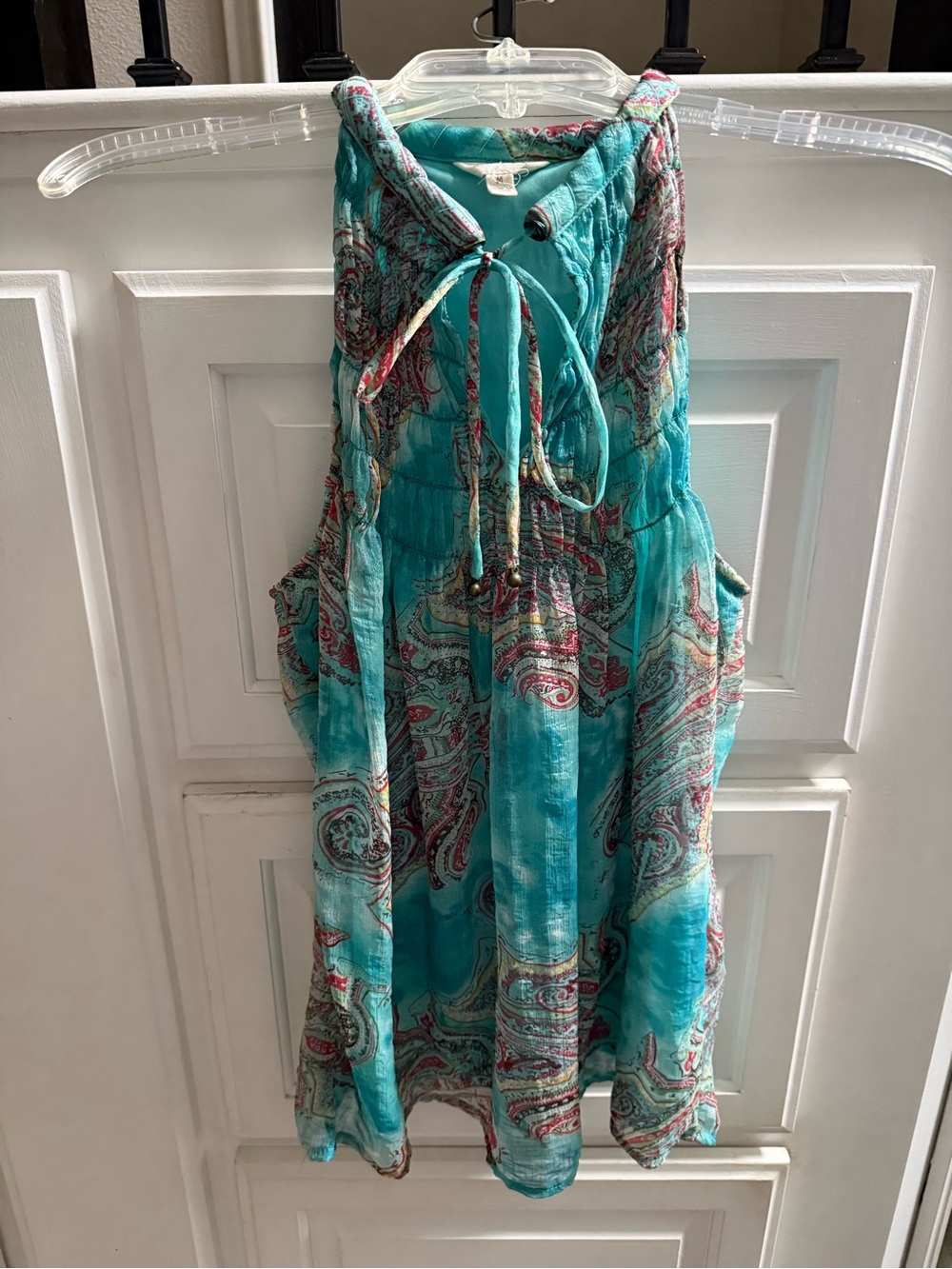 Adiva Turquoise Racerback Smocked Paisley Tie-Neck Sleeveless Top